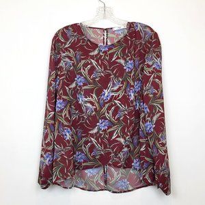 MNG Suit Brown Purple Botanical Floral Floaty Long Sleeve Blouse, Size 8, GUC